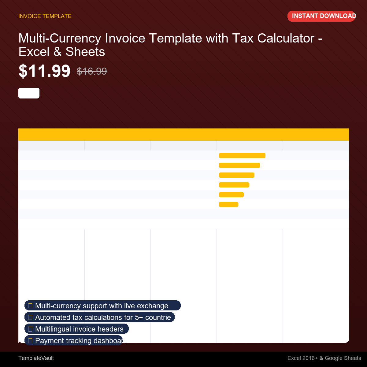 Multi-Currency Invoice Template with Tax Calculator - Excel & Sheets