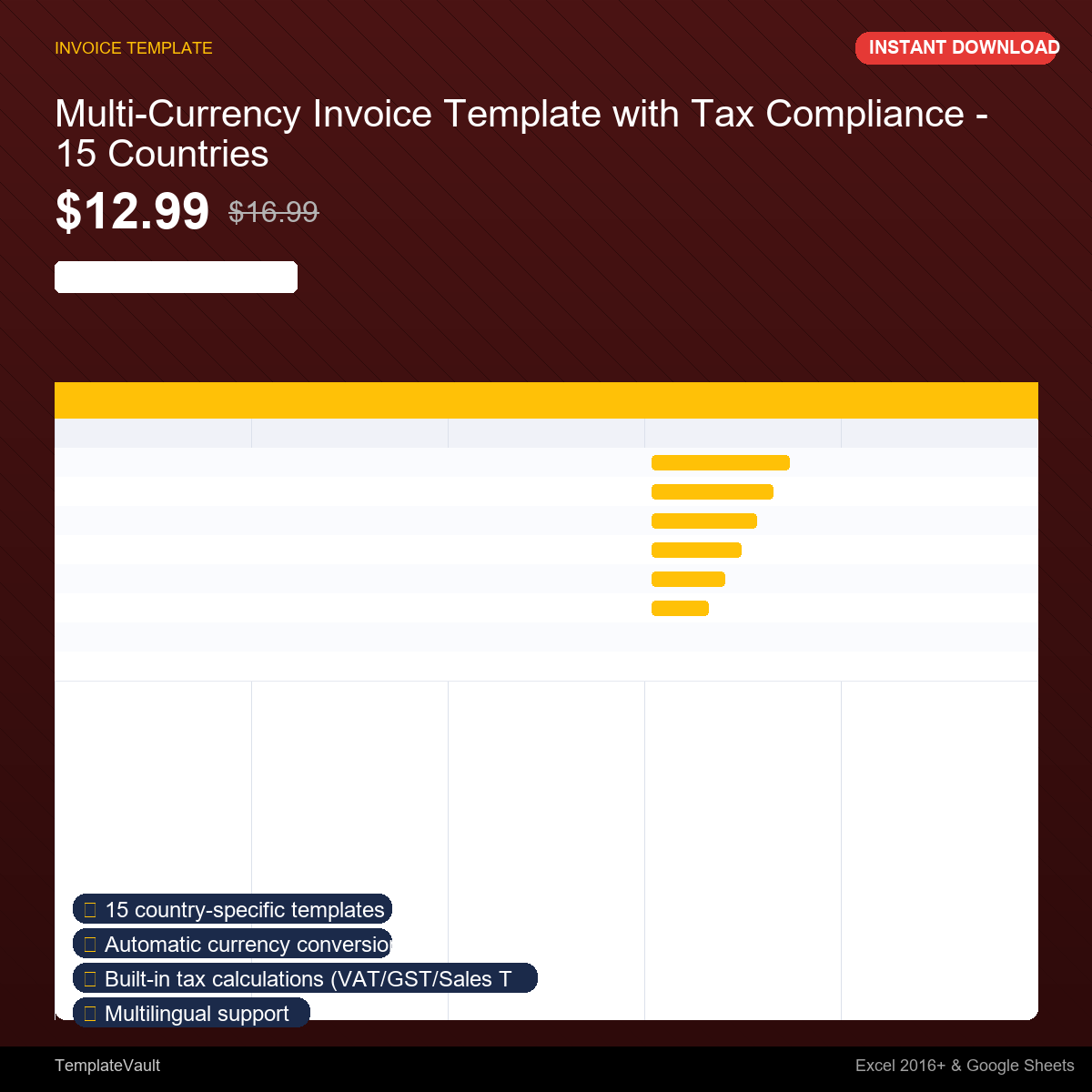 Multi-Currency Invoice Template with Tax Compliance - 15 Countries